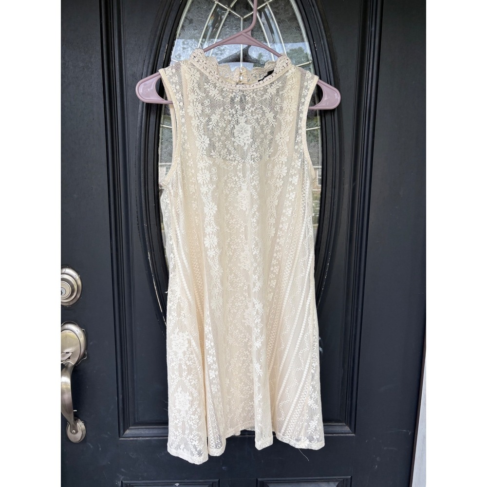 As U Wish Cream Floral Lace Mock Neck Sleeveless Shift Dress Ivory Small
